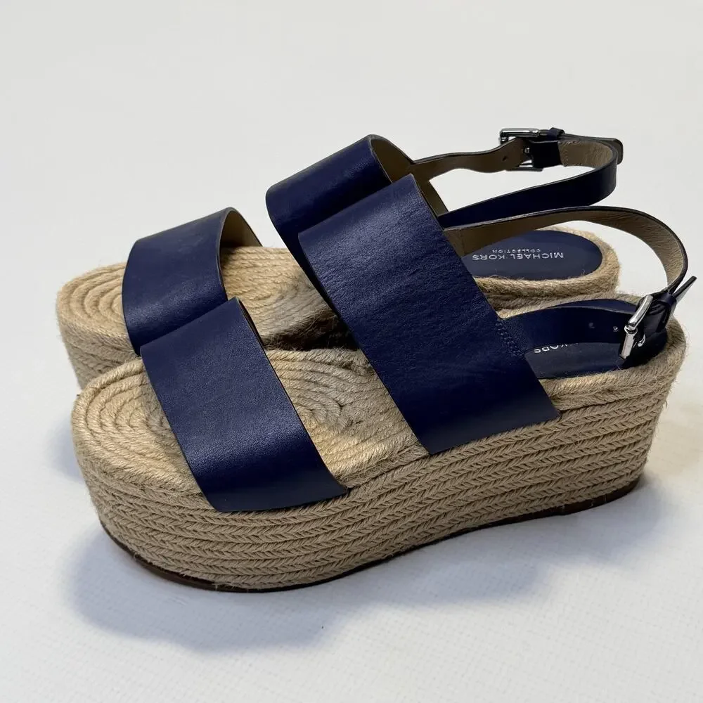 Michael Kors Collection Sandals Womens Size 8 Blue Leather Espadrille Wedge